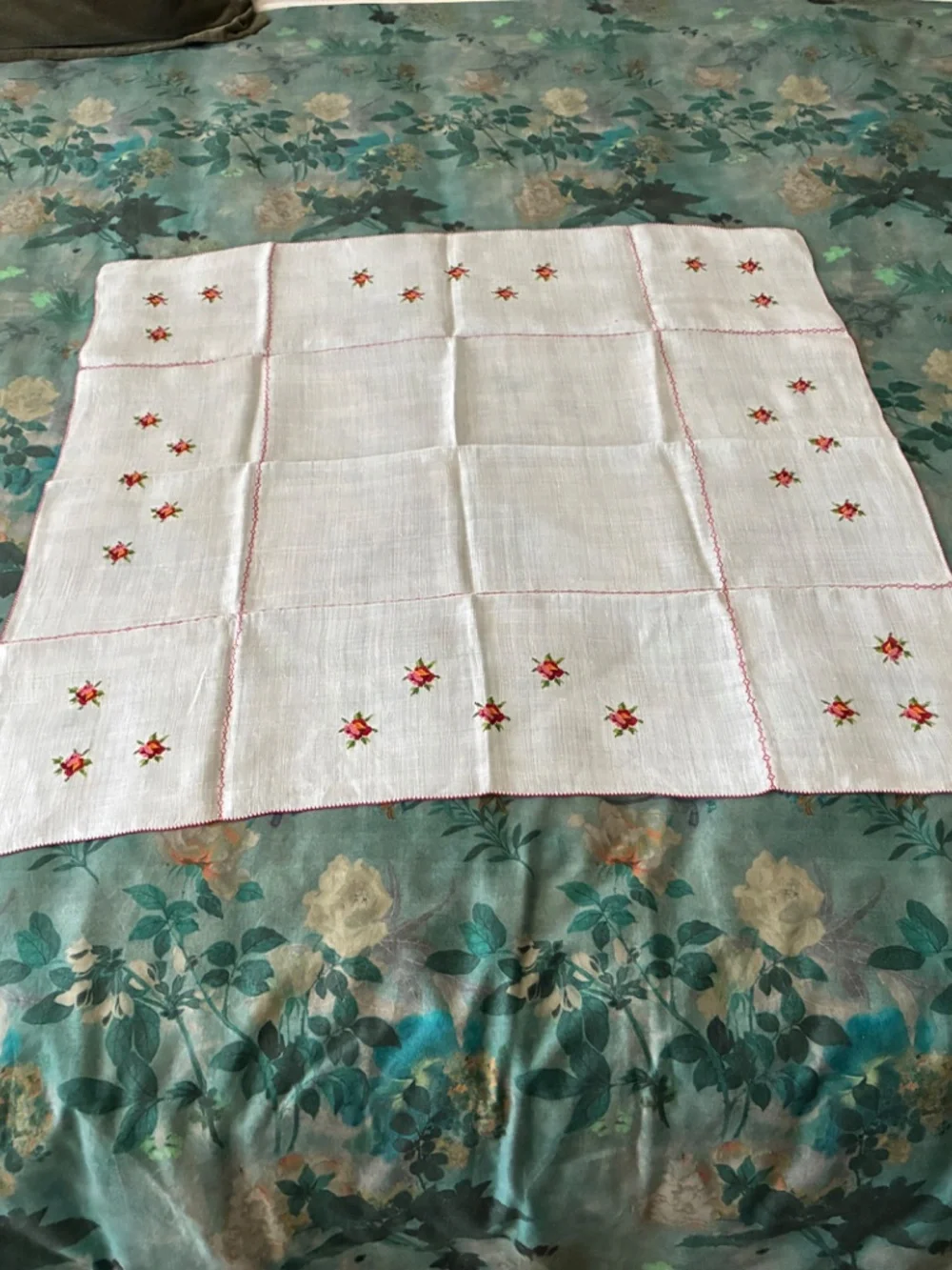 Vintage Linen Cross Stitched Roses Tablecloth 33 1/2 x34